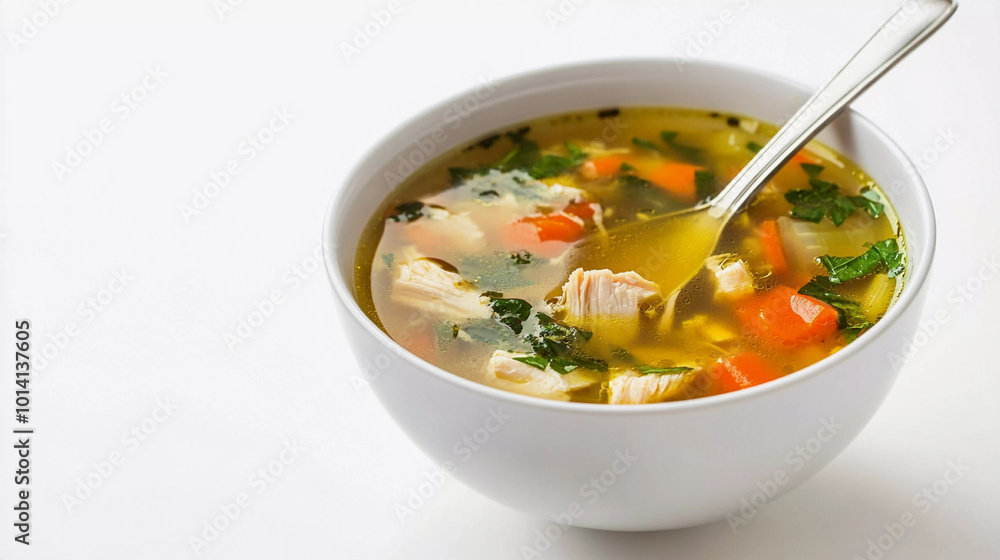 Chicken soup bowl with spoon isolated on white background Chicken soup bowl with spoon isolated on white background