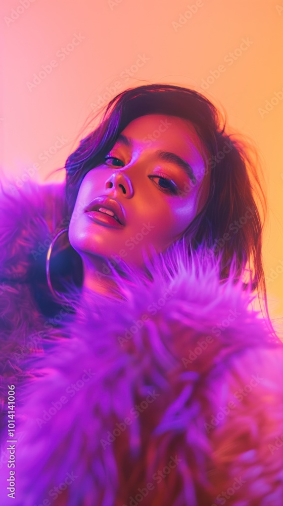 Fototapeta premium Fashion editorial featuring an elegant woman in a luxurious purple fur coat, showcasing sophisticated style with dark hair, set against a dramatic backdrop with illuminated dynamics.