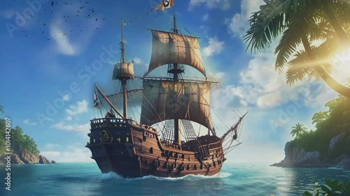 old pirate ship in the sea.Seamless 4k time lapse virtual video animation background