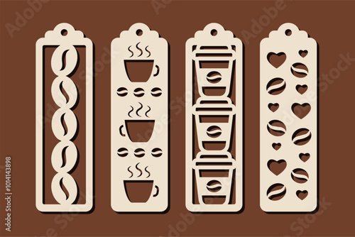 Set of vertical bookmark designs with coffee pattern. Laser cut template. Decorative bookmark vector stencil for paper, wood and metal cutting.