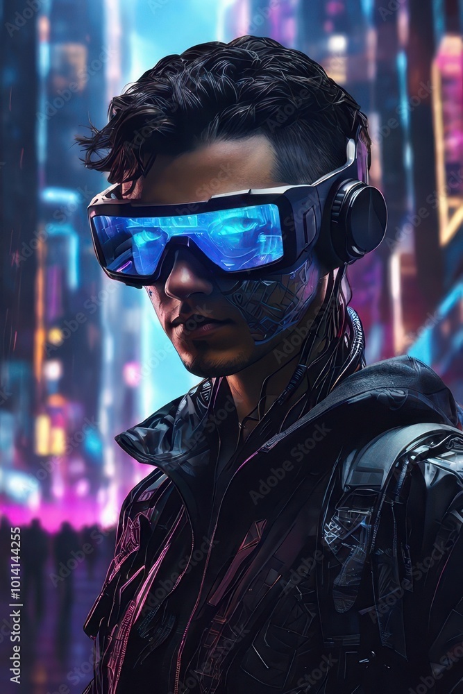 A man in a futuristic outfit with blue goggles and a black jacket A man in a futuristic outfit with blue goggles and a black jacket
