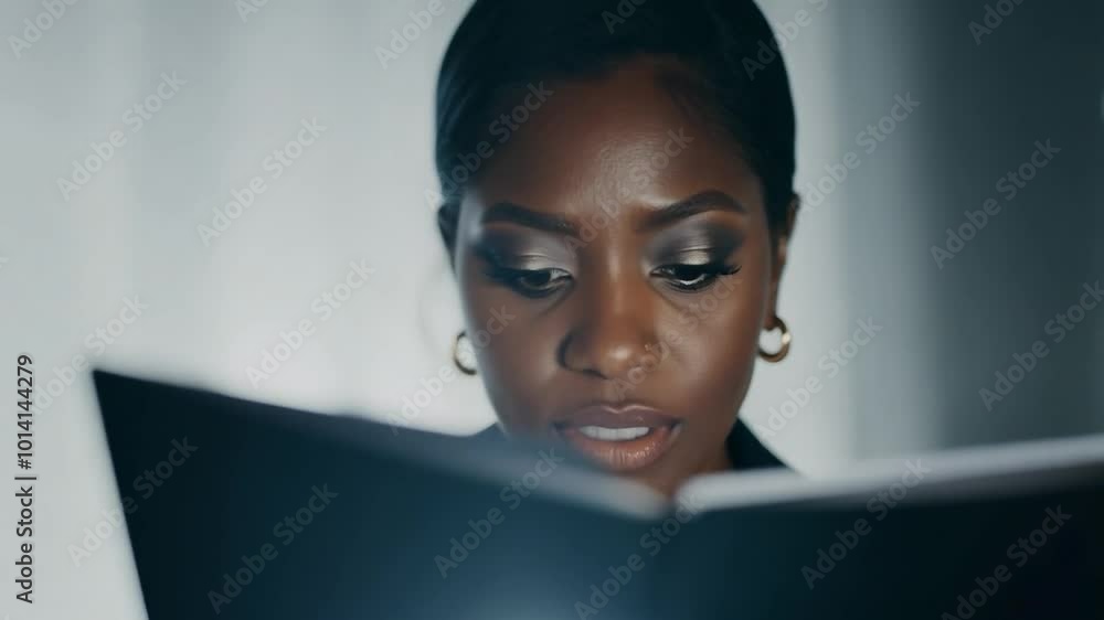 Businesswoman reading document zooming in