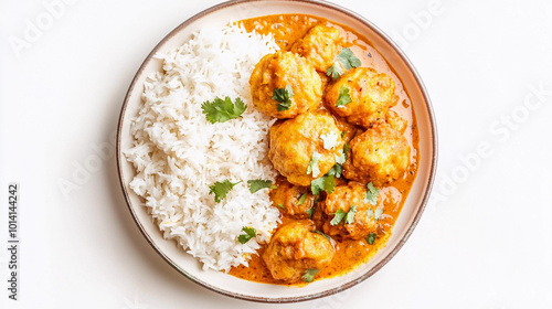 Kadhi pakora served with plain rice top view photo