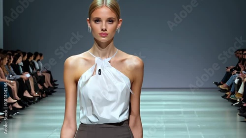 Fashion model walks the runway showcasing contemporary designs in a sleek show during Paris Fashion Week