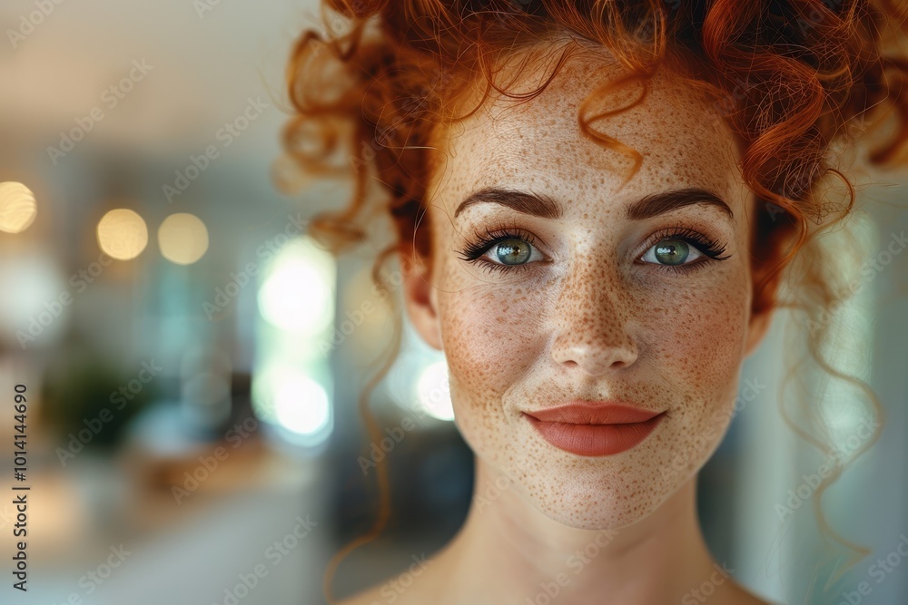 Φωτογραφία A close-up image of a person with vibrant red curly hair, freckles, and green ey