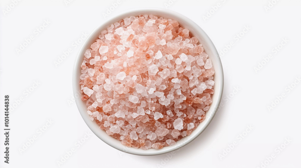 Top view of pink himalayan salt in bowl isolated on white background Top view of pink himalayan salt in bowl isolated on white background