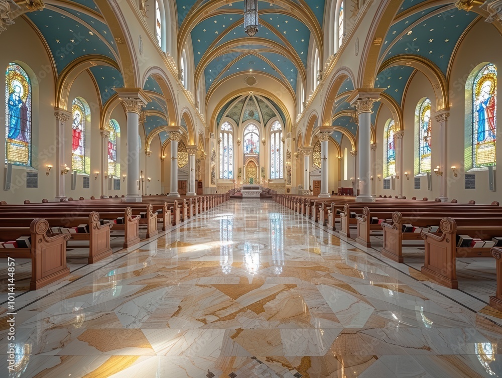 Obraz premium This photograph captures the stunning interior of a grand cathedral featuring intricate architectural designs, beautiful stained-glass windows, and a polished marble floor
