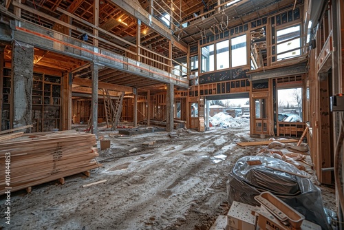 A spacious, partially constructed wooden structure with a snowy outdoor view, showcasing the initial stages of development and exposed framework inside an industrial setting