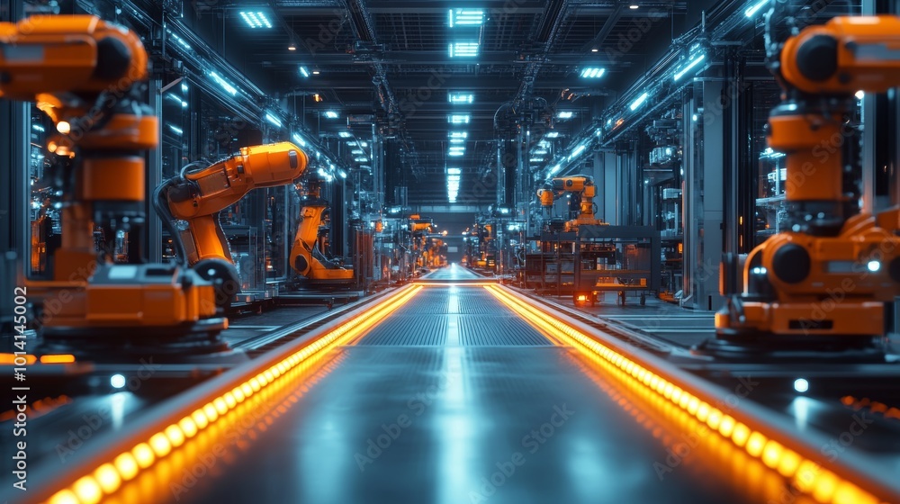 Brightly lit futuristic factory floor, automated conveyor belts and robotic arms working in sync, LED lights highlighting the cutting-edge technology Brightly lit futuristic factory floor, automated conveyor belts and robotic arms working in sync, LED lights highlighting the cutting-edge technology