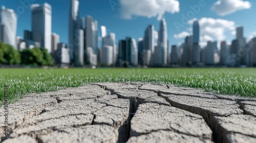 A dry, cracked earth landscape in the foreground contrasts with a vibrant green lawn and a modern city skyline in the background.