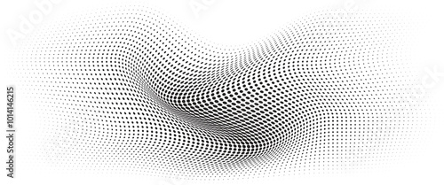 Flowing Wave Dot Halftone Pattern: Curve Gradient Shape on Transparent Background. Suitable for AI, Tech, Network, Digital, Science, and Technology Themes.