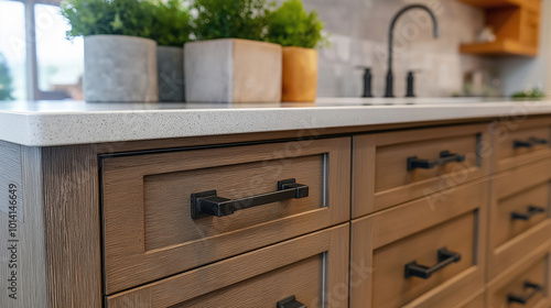 Crisp Lines A close-up of sleek cabinetry and minimalist hardware, warm light enhancing the finish, captured from a macro angle with a DSLR, hyper-realistic grain details