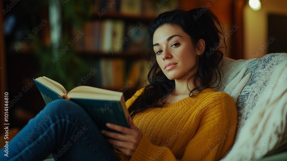 Close-Up of a Hispanic Woman Relaxing with a Book in a Cozy Living Room, Capturing Her Peaceful Expression and Love for Reading Close-Up of a Hispanic Woman Relaxing with a Book in a Cozy Living Room, Capturing Her Peaceful Expression and Love for Reading