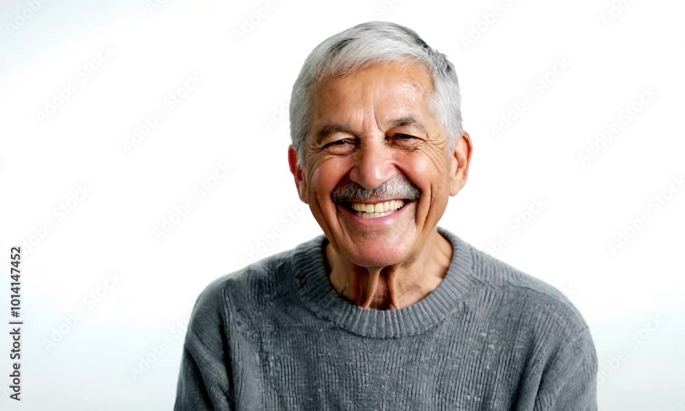 Portrait of happy senior man laughing and looking at camera while standing against white background Portrait of happy senior man laughing and looking at camera while standing against white background