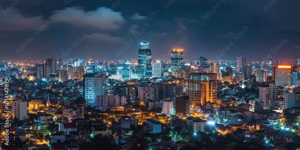 Panoramic view of a city skyline at night with tall buildings and lights. Panoramic view of a city skyline at night with tall buildings and lights.