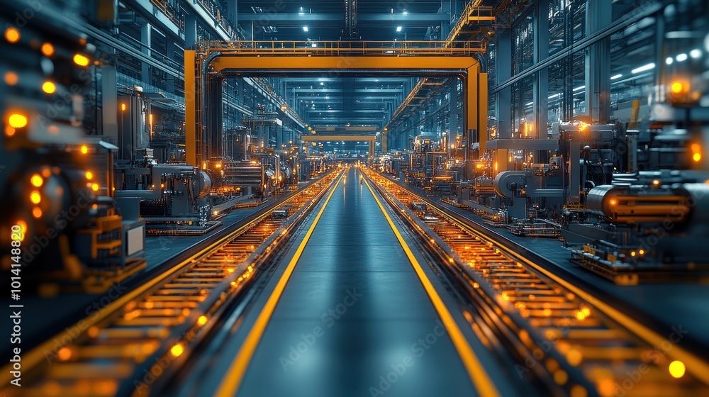 Futuristic industrial warehouse with illuminated machinery and tracks. Futuristic industrial warehouse with illuminated machinery and tracks.