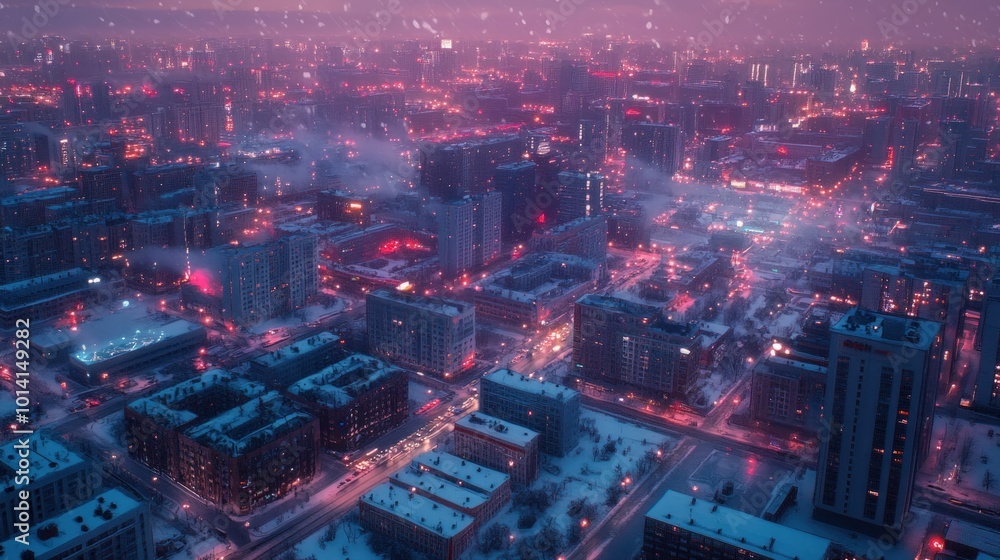 Fototapeta premium An aerial view of a city at night, covered in snow, with streetlights and buildings glowing in the distance.