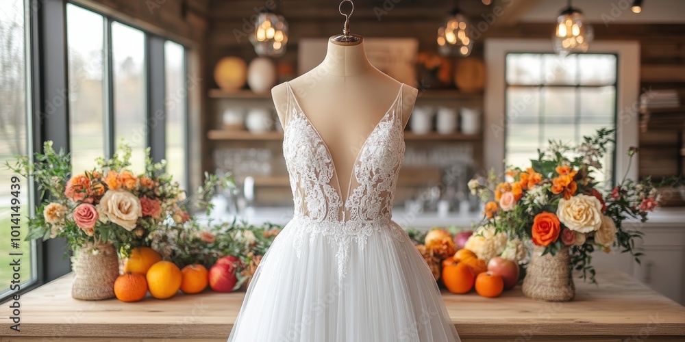 Εκτύπωση καμβά A beautifully detailed wedding dress on a mannequin surrounded by vibrant floral