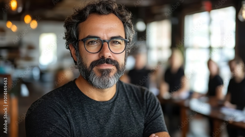 Casual portrait of a confident middle-aged man wearing glasses and a grey beard in a modern, vibrant indoor setting with a blurred background Casual portrait of a confident middle-aged man wearing glasses and a grey beard in a modern, vibrant indoor setting with a blurred background