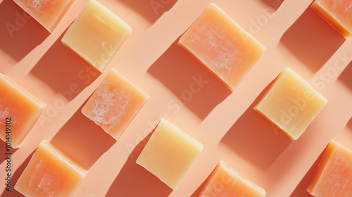 a backgeround of various solid soaps arranged symmetrical with shadow effects, creating a sense of depth, on a soft peachy background with shadows photo