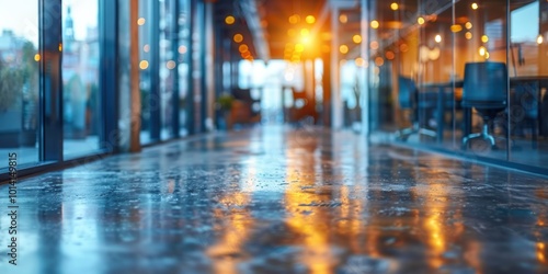 A modern office hallway with polished concrete floors, glass walls, and warm ambient lighting creating a professional and inviting atmosphere during sunrise or sunset