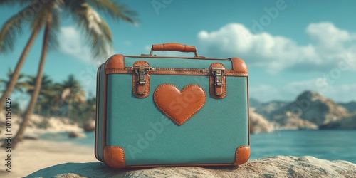 A beautifully crafted, vintage-style travel suitcase with a heart emblem, set against a picturesque tropical beach backdrop with palm trees and clear blue skies