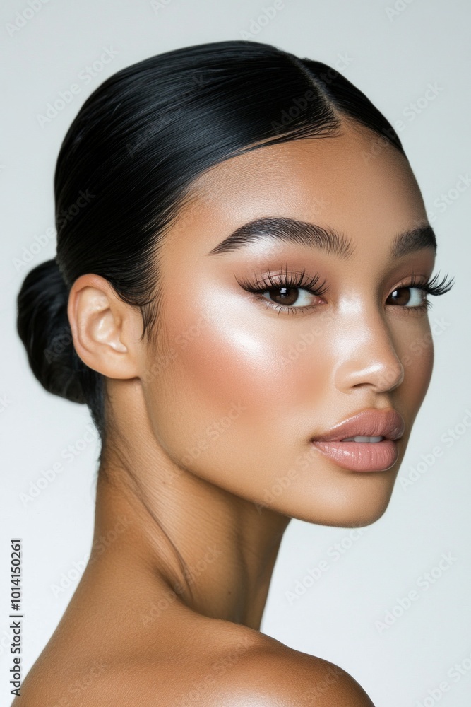 Naklejka premium A stunning portrait of a woman showcasing flawless skin and elegant makeup. The image captures beauty and sophistication. Perfect for fashion and beauty themes. AI