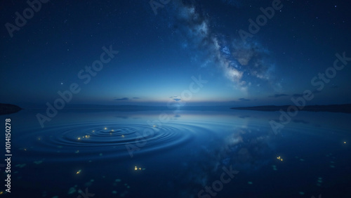 「静かな夜の海に広がる美しい星空とミルキーウェイ、海面に反射する星の光が幻想的で、波紋が広がる水面が神秘的な雰囲気をさらに引き立てる、夜空と自然が調和した壮大なシーン」