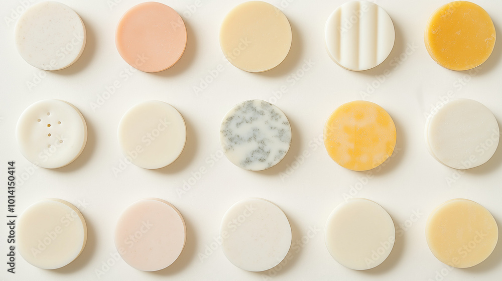 Obraz premium a background of various solid soaps arranged symmetrical with soft shadow effects, creating a sense of depth, on a soft white background
