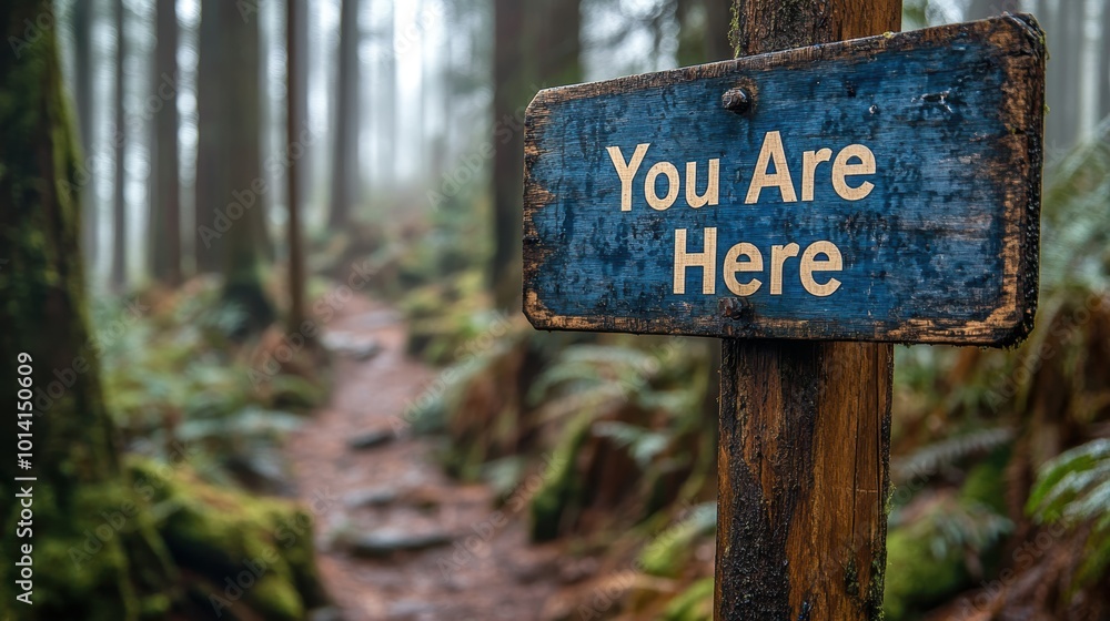 A weathered wooden sign with the text You Are Here stands prominently among lush greenery on a foggy forest trail, indicating a moment of orientation in the wilderness A weathered wooden sign with the text You Are Here stands prominently among lush greenery on a foggy forest trail, indicating a moment of orientation in the wilderness