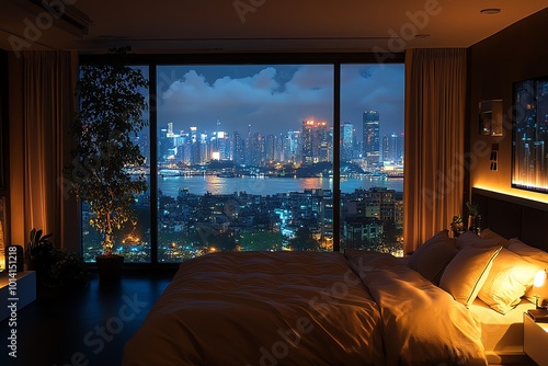 A bedroom with a bed, pillows, and nightstand with a lamp. The room has a large window with a view of a city skyline at night. photo