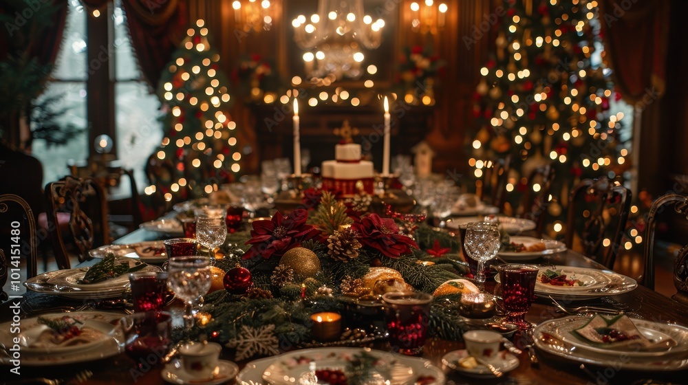 A beautifully decorated dining table set for a festive holiday dinner in a luxurious room adorned with sparkling Christmas lights and ornate decorations A beautifully decorated dining table set for a festive holiday dinner in a luxurious room adorned with sparkling Christmas lights and ornate decorations