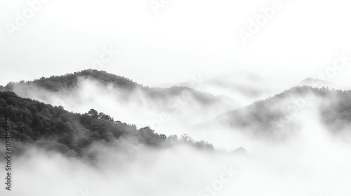 A black and white image of a mountain range covered in fog.