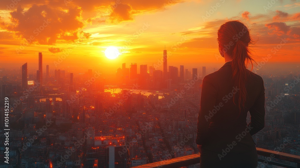 Woman gazing at a sunset over a city skyline. Woman gazing at a sunset over a city skyline.