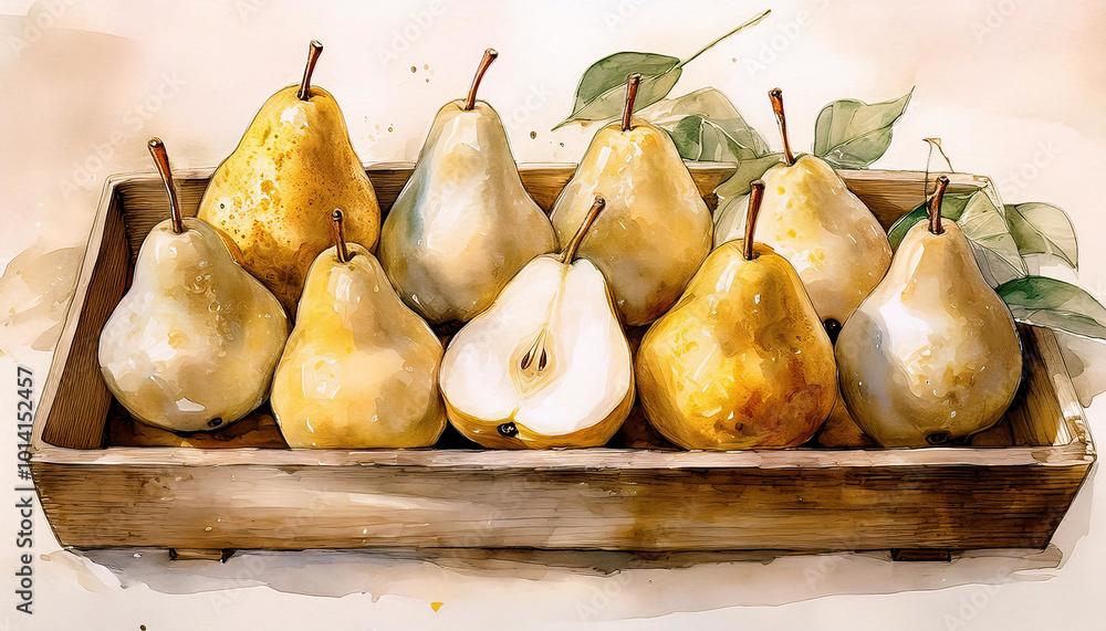 Watercolor pears in a wooden bowl evoke rustic charm Watercolor pears in a wooden bowl evoke rustic charm