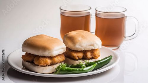 Mumbai street food vadapav with tea on white background photo