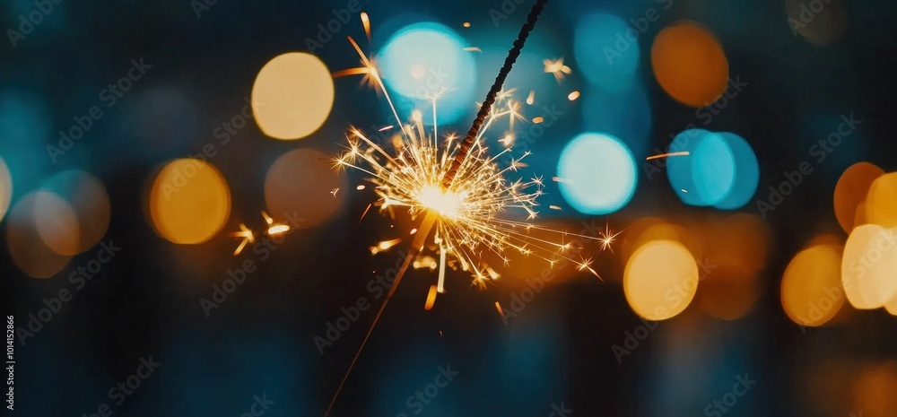 Fototapeta premium Sparkler glowing brightly against a blurred background filled with colorful bokeh lights, creating a festive and magical atmosphere A celebration of light and joy