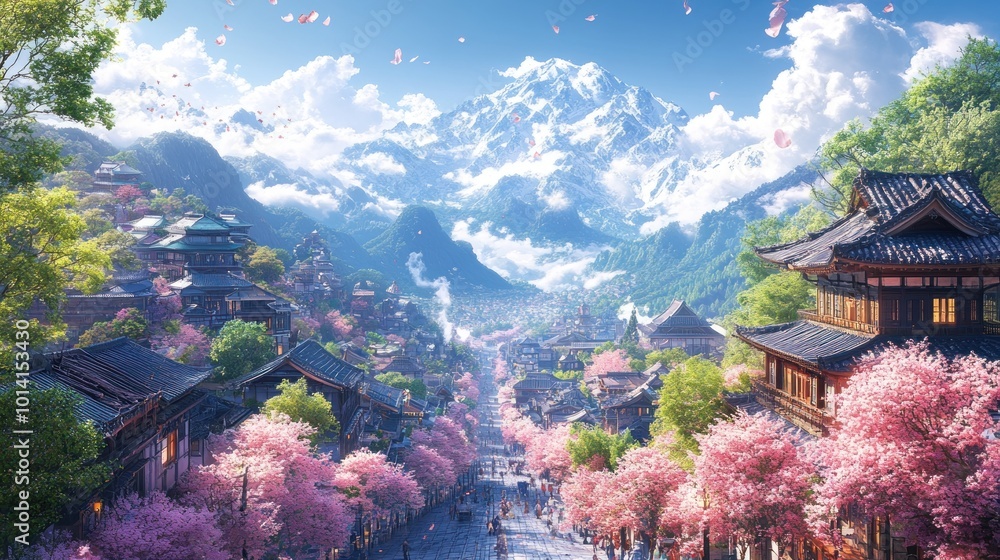 Serene landscape of cherry blossoms and mountains under blue skies. Serene landscape of cherry blossoms and mountains under blue skies.