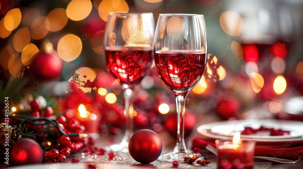 Festive holiday table setting featuring two glasses of red wine surrounded by Christmas decorations, lights, and red ornaments, showcasing a cozy and warm atmosphere Festive holiday table setting featuring two glasses of red wine surrounded by Christmas decorations, lights, and red ornaments, showcasing a cozy and warm atmosphere