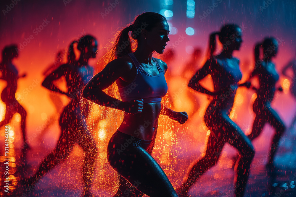 A group of women are running in the rain, with one woman in the foreground A group of women are running in the rain, with one woman in the foreground