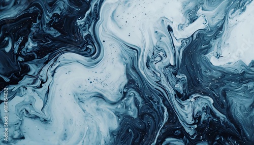 Abstract fluid art featuring swirling hues of dark blue and white, creating a mesmerizing and tranquil visual experience.