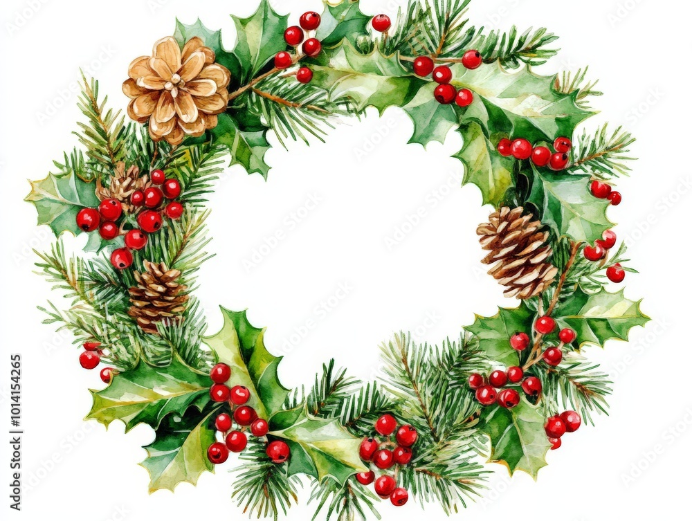 Christmas Wreath with Holly and Pine Cones. Christmas Wreath with Holly and Pine Cones.