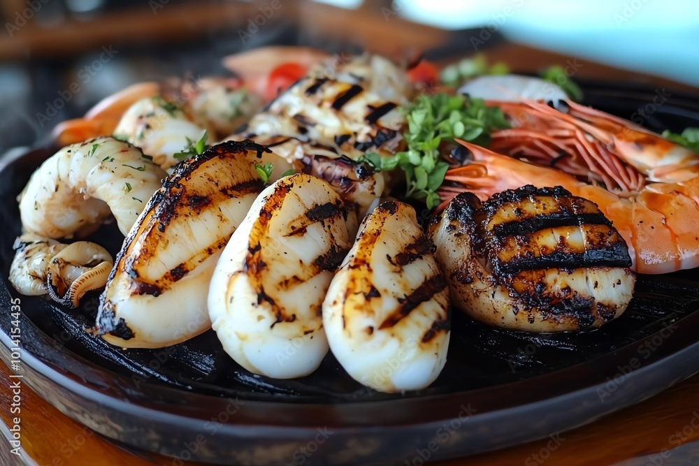 Delicious grilled seafood platter featuring scallops, shrimp, and herbs. Perfectly cooked and garnished for a gourmet dining experience. Delicious grilled seafood platter featuring scallops, shrimp, and herbs. Perfectly cooked and garnished for a gourmet dining experience.