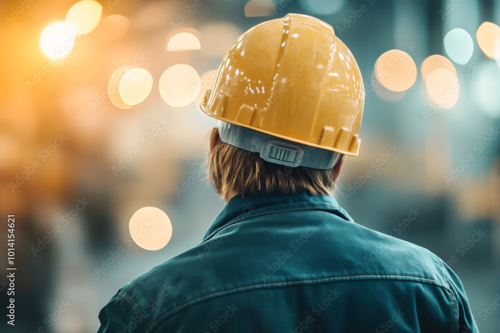 A worker in an industrial setting, seen from behind, wearing a yellow protective helmet. The bokeh lighting adds depth to the factory environment. A worker in an industrial setting, seen from behind, wearing a yellow protective helmet. The bokeh lighting adds depth to the factory environment.