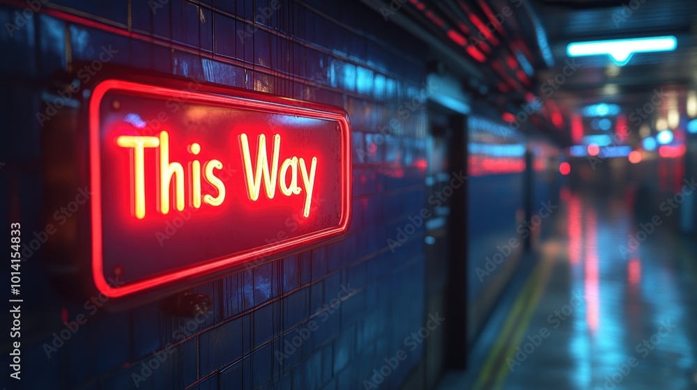 Neon sign reading This Way with blurred background in an urban subway night scene showcasing reflective tiles and blue ambient lighting Neon sign reading This Way with blurred background in an urban subway night scene showcasing reflective tiles and blue ambient lighting