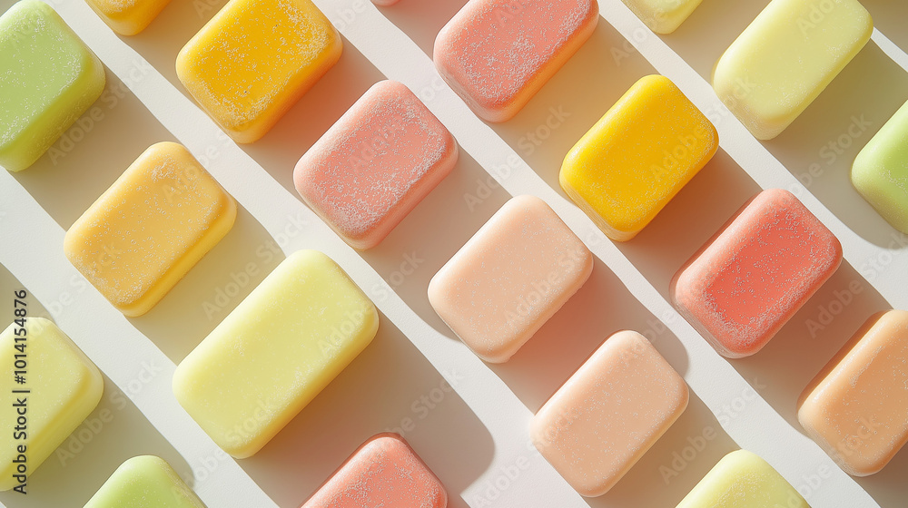 flat lay, top down view, a collection of rounded rectangular solid soaps arranged symmetrical on a soft white background flat lay, top down view, a collection of rounded rectangular solid soaps arranged symmetrical on a soft white background
