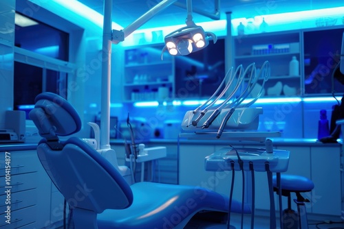 A dentist's office with a blue light on the ceiling, generative ai image