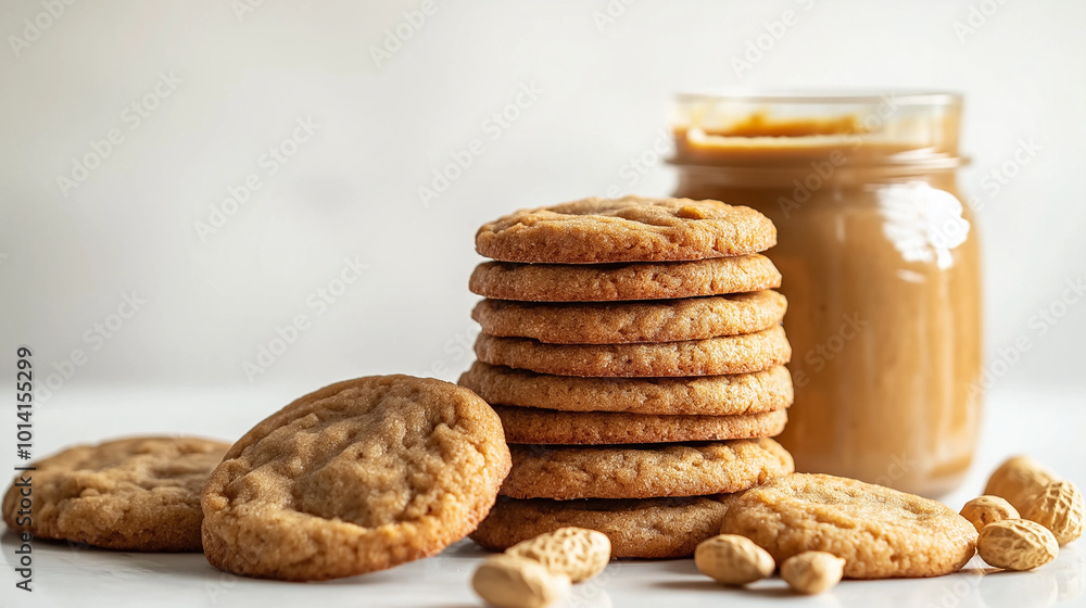 peanut butter as a butter alternative: a clean, minimalist photograph of a stack of rustic cookies displayed from the front, accompanied by a jar of peanut butter and some peanuts on the side peanut butter as a butter alternative: a clean, minimalist photograph of a stack of rustic cookies displayed from the front, accompanied by a jar of peanut butter and some peanuts on the side