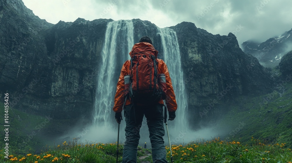 Hiker admiring a majestic waterfall in a lush landscape.