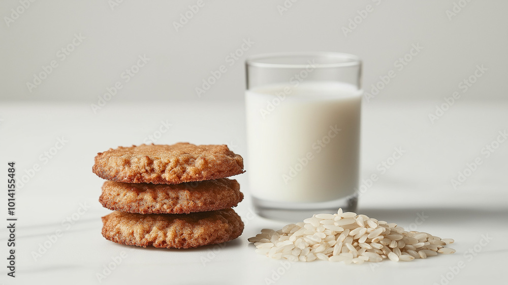 rice milk as a butter alternative: a clean, minimalist photograph of a stack of rustic cookies displayed from the front, accompanied by a glass of rice milk and some rice grains on the side rice milk as a butter alternative: a clean, minimalist photograph of a stack of rustic cookies displayed from the front, accompanied by a glass of rice milk and some rice grains on the side